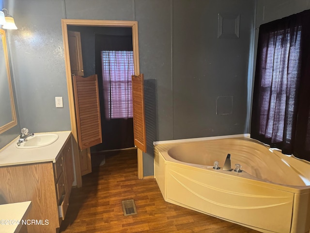 bathroom with vanity, hardwood / wood-style floors, and a washtub