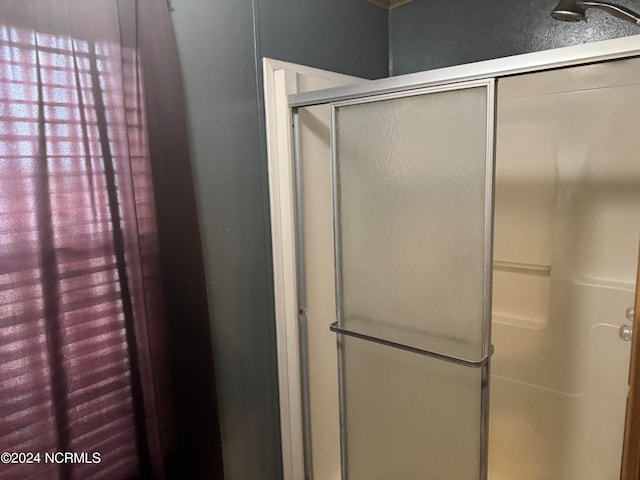 bathroom with a shower with door