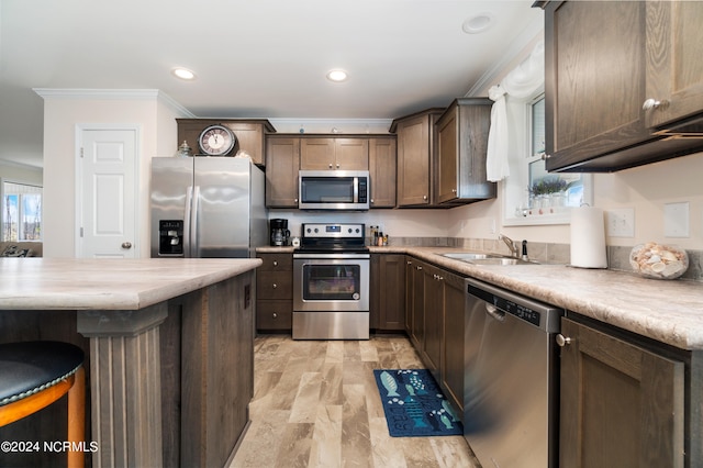 kitchen featuring stainless steel appliances, sink, a wealth of natural light, and ornamental molding