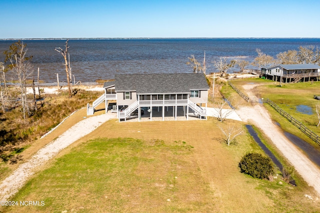 aerial view featuring a water view