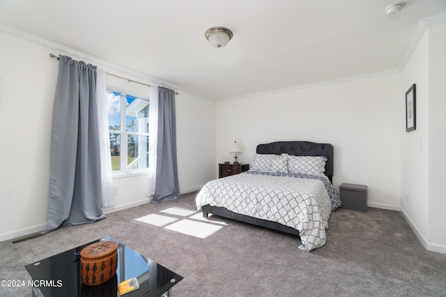 bedroom with crown molding and carpet floors