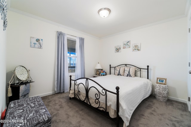 carpeted bedroom with ornamental molding