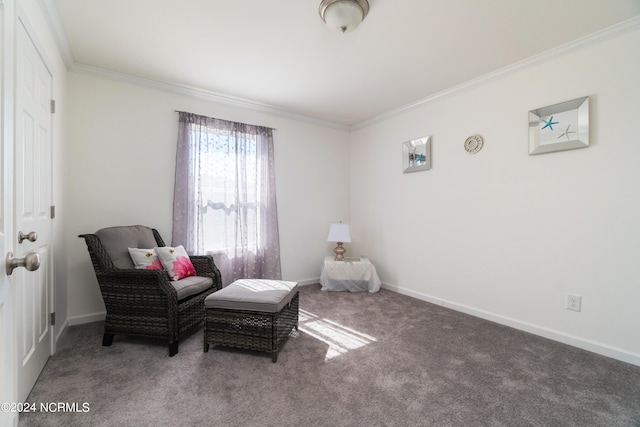 sitting room featuring crown molding and carpet floors