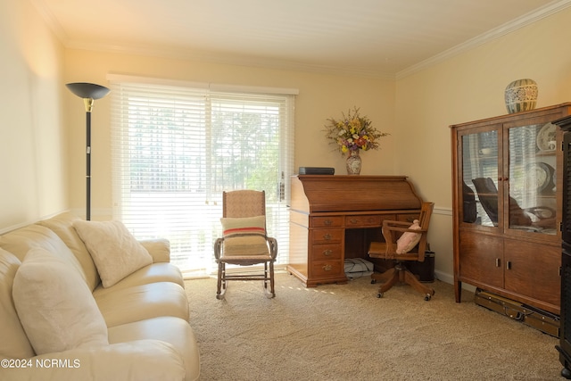 living area featuring light carpet, ornamental molding, and a wealth of natural light