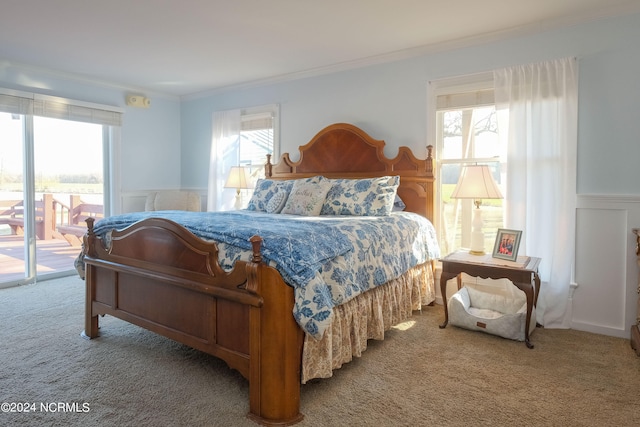 carpeted bedroom featuring crown molding, access to exterior, and multiple windows