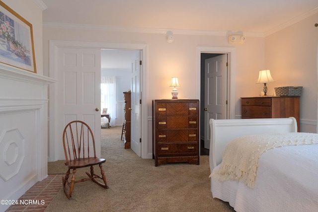 bedroom featuring dark colored carpet and crown molding