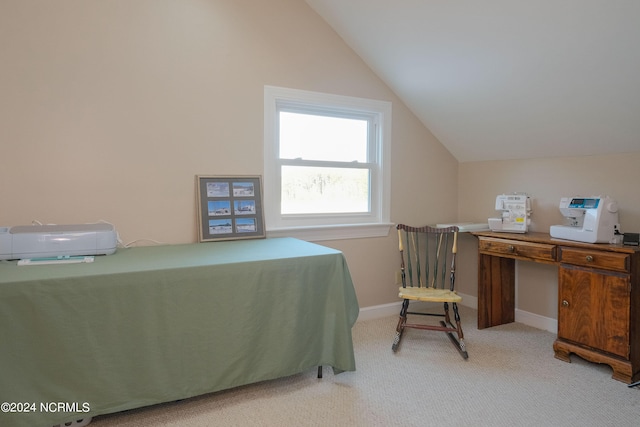 carpeted bedroom with vaulted ceiling