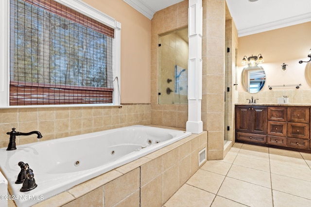 bathroom featuring tile walls, a relaxing tiled bath, crown molding, tile floors, and vanity