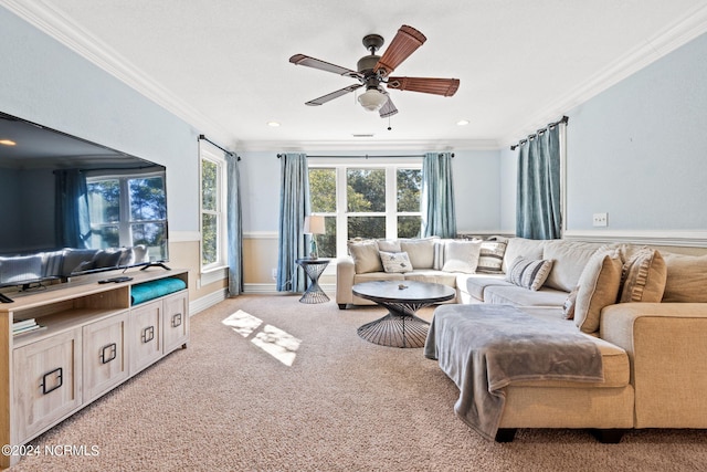 carpeted living room with crown molding and ceiling fan