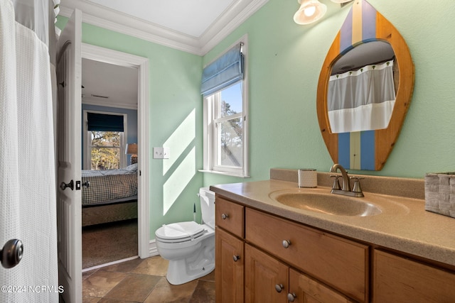 bathroom featuring oversized vanity, toilet, tile floors, and crown molding