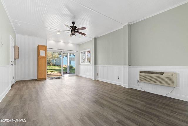 unfurnished living room with dark hardwood / wood-style flooring, ceiling fan, crown molding, and a wall mounted air conditioner