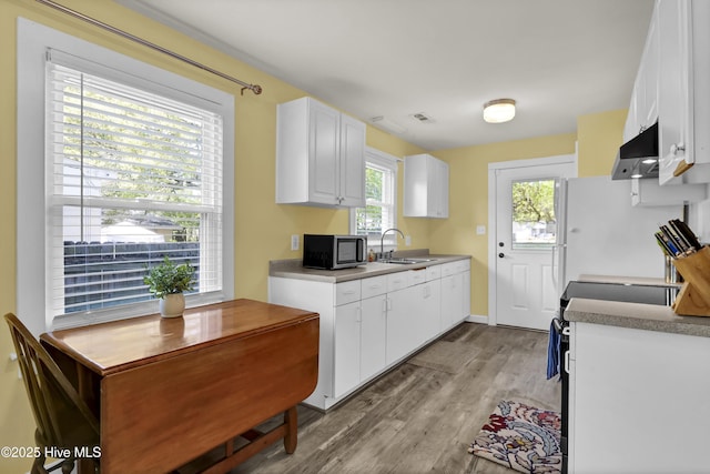 kitchen with white cabinets, a sink, light wood-type flooring, stainless steel microwave, and electric range