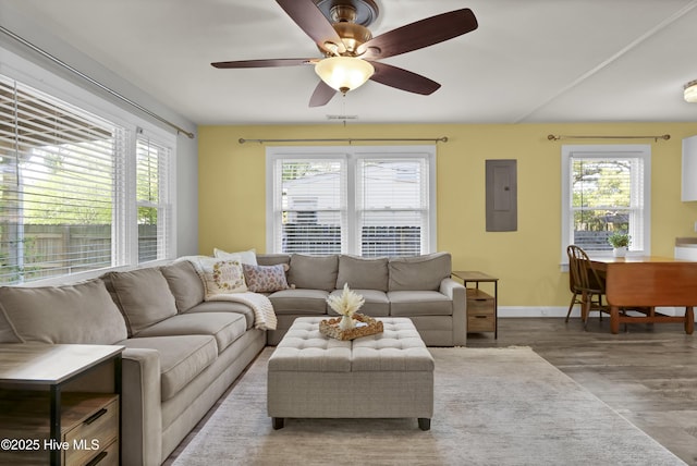 living area featuring visible vents, baseboards, electric panel, a ceiling fan, and wood finished floors