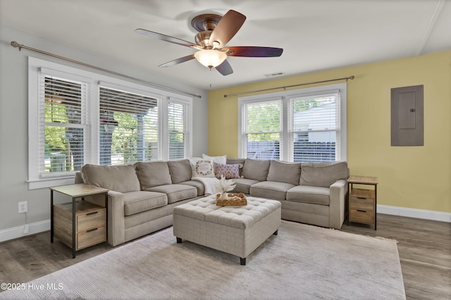 living area featuring electric panel, visible vents, wood finished floors, and ceiling fan
