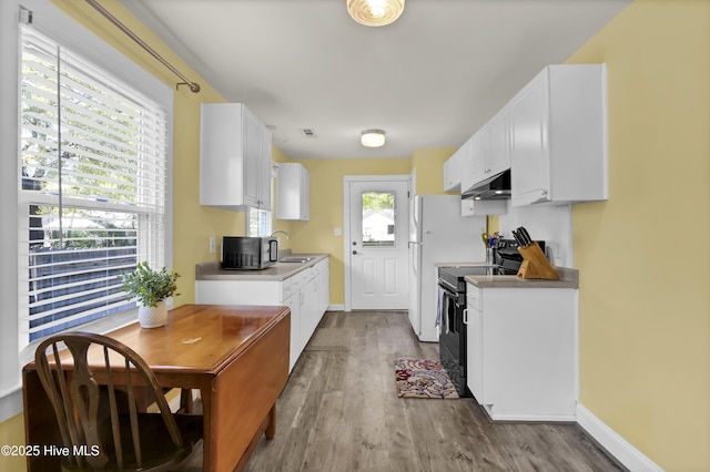 kitchen with white cabinetry, under cabinet range hood, wood finished floors, a sink, and black electric range oven
