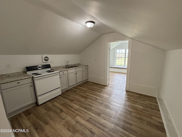 additional living space featuring lofted ceiling, dark wood-type flooring, and sink