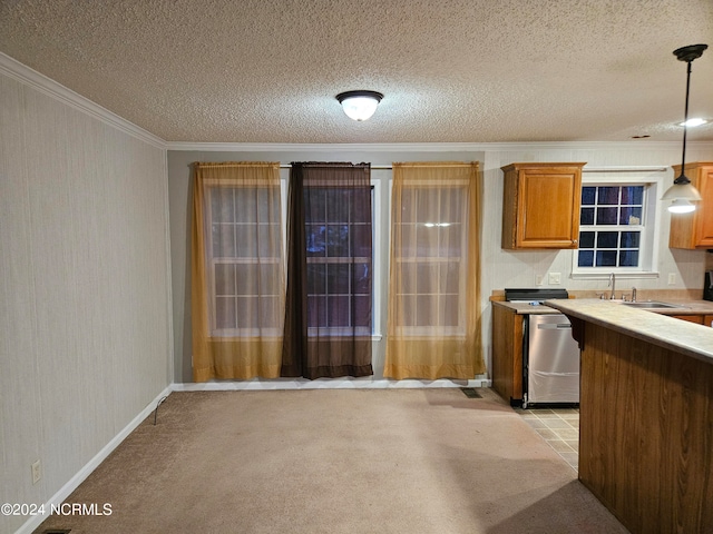 kitchen featuring light colored carpet, a textured ceiling, decorative light fixtures, and dishwasher