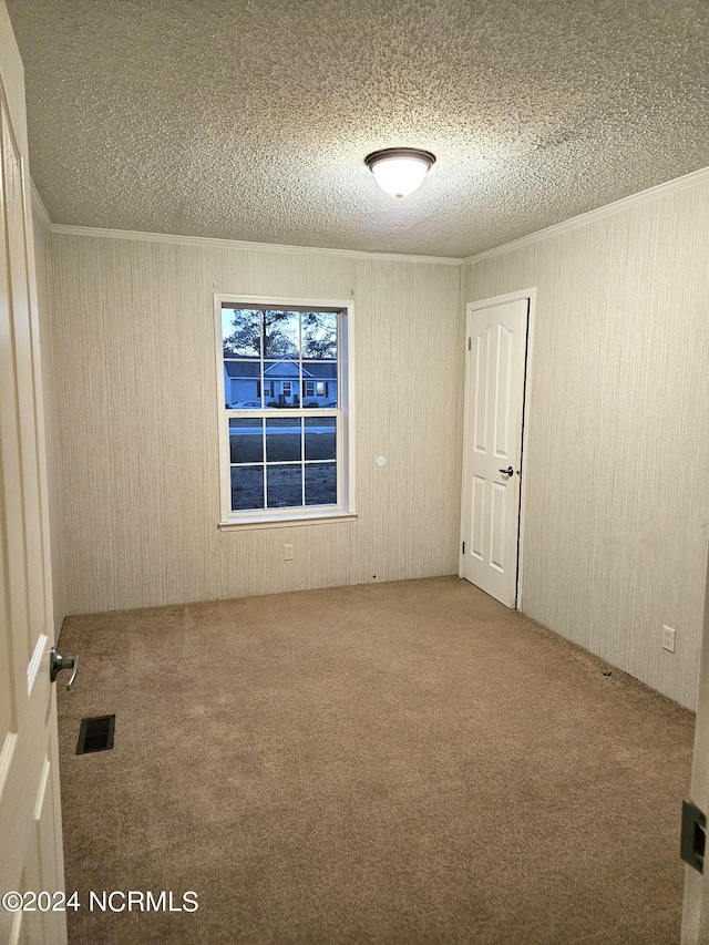 carpeted spare room featuring a textured ceiling and ornamental molding