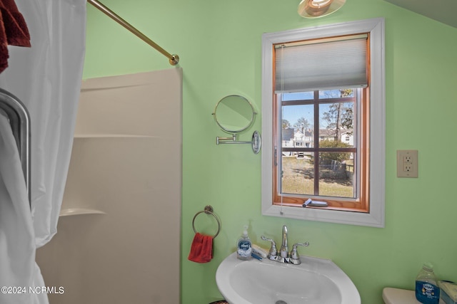 bathroom with sink, a shower, and toilet