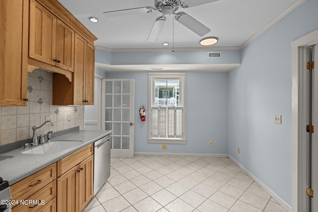 kitchen with sink, stainless steel dishwasher, crown molding, and tasteful backsplash