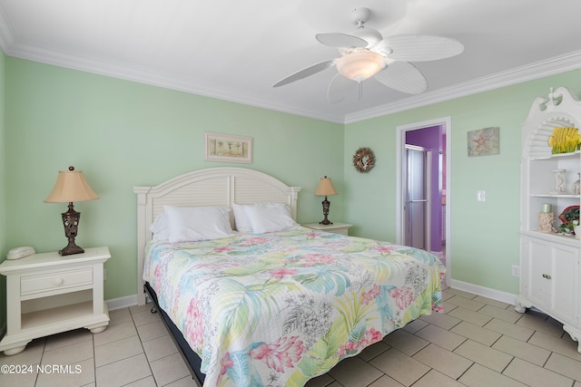 tiled bedroom with crown molding and ceiling fan