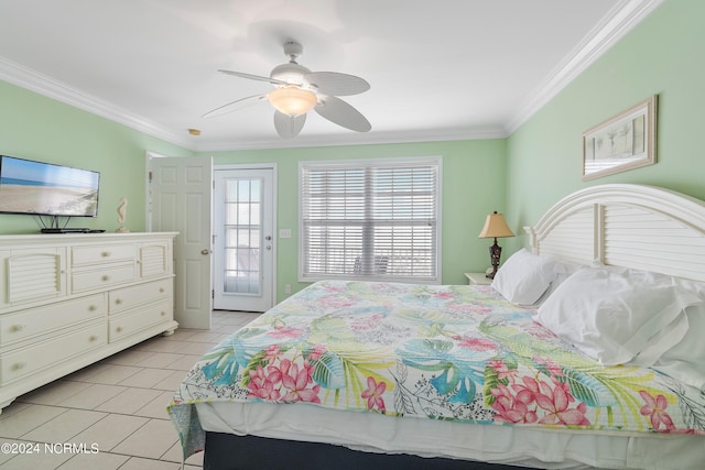 tiled bedroom with access to exterior, ceiling fan, and ornamental molding