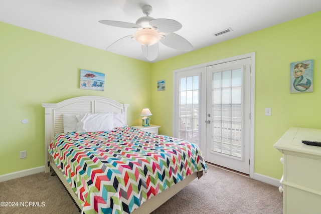 bedroom with ceiling fan, french doors, carpet flooring, and access to outside