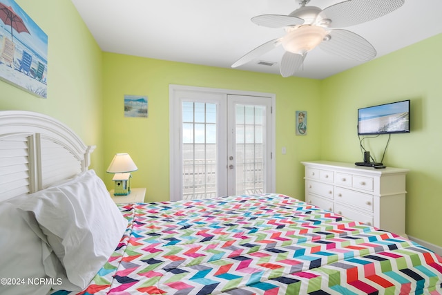 bedroom featuring french doors, ceiling fan, and access to outside