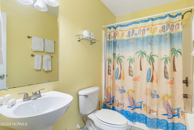 bathroom featuring sink, toilet, and a shower with shower curtain