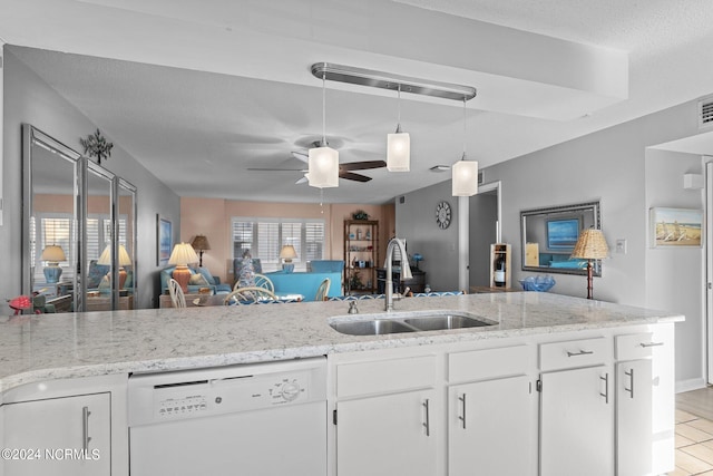 kitchen featuring ceiling fan, dishwasher, decorative light fixtures, sink, and white cabinets