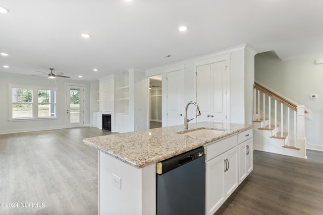 2058 Greenside Manor Dr, Ocean Isle Beach, NC 28469 - kitchen with dark wood-style flooring, a ceiling fan, a sink, dishwasher, and ornamental molding