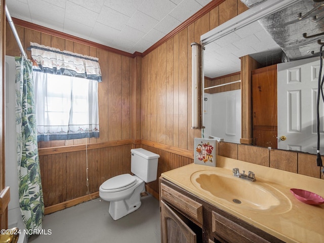 bathroom with a shower with shower curtain, vanity, toilet, and wooden walls