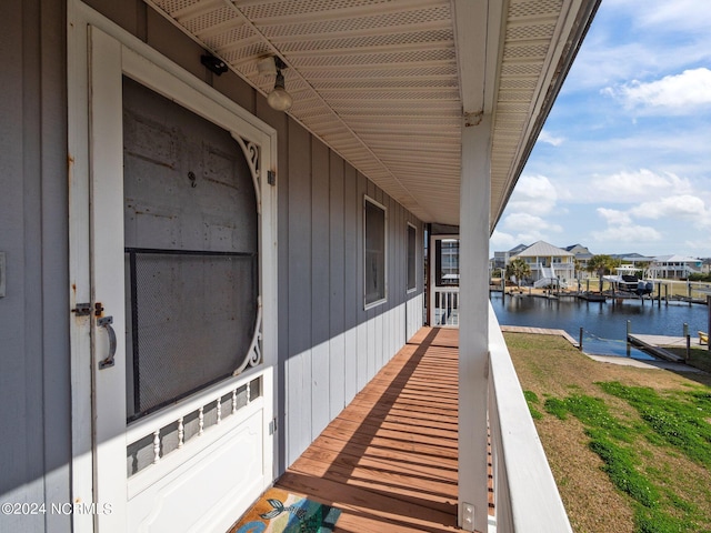 exterior space with a water view