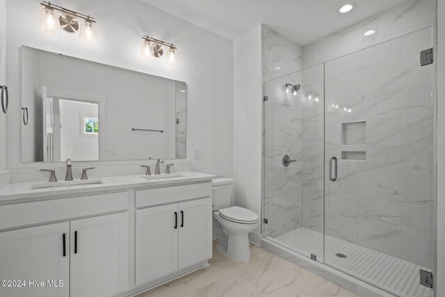 4865 Scarlet Sage Way, Shallotte, NC 28470 - full bathroom featuring marble look tile flooring, a marble finish shower, double vanity, and recessed lighting