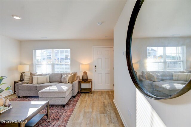 living area featuring baseboards and light wood finished floors