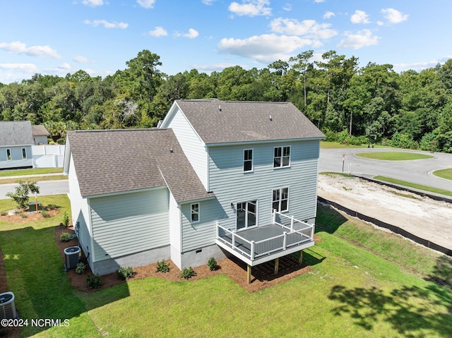 back of house featuring a wooden deck, central AC unit, roof with shingles, crawl space, and a yard