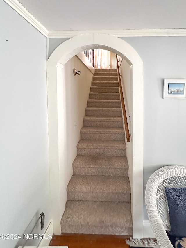 staircase featuring crown molding and hardwood / wood-style flooring