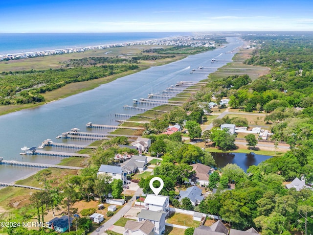bird's eye view with a water view