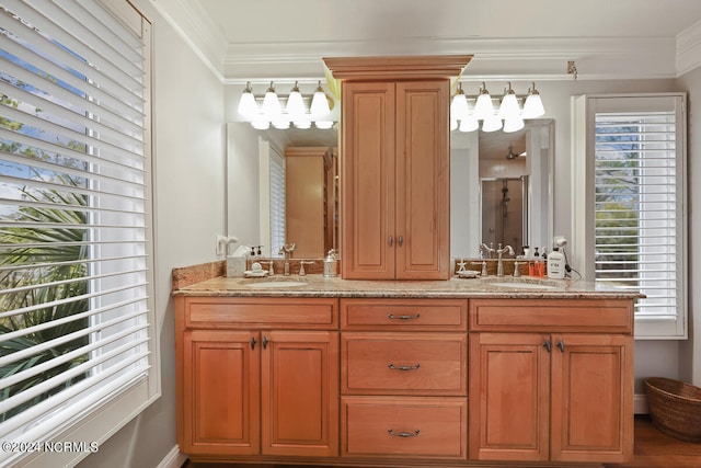 bathroom with crown molding, double vanity, and wood-type flooring