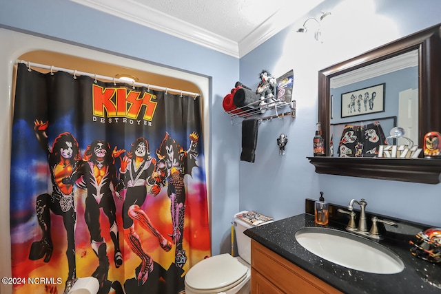 bathroom featuring ornamental molding, a textured ceiling, toilet, and large vanity