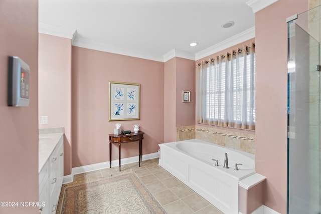 bathroom with tile floors, ornamental molding, vanity, and independent shower and bath