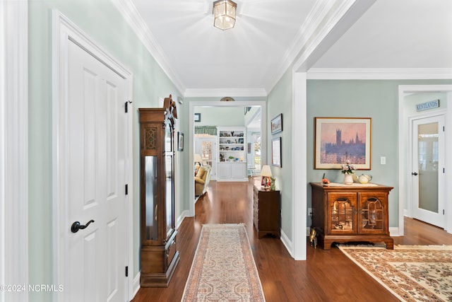 hallway with crown molding and dark wood-type flooring