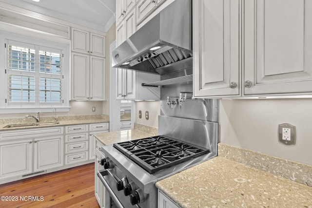 kitchen with light stone countertops, sink, light wood-type flooring, and white cabinetry