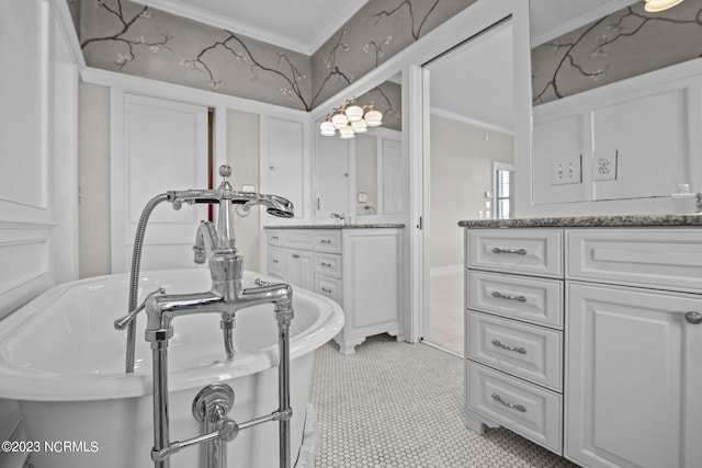 interior space featuring light tile floors, crown molding, and sink