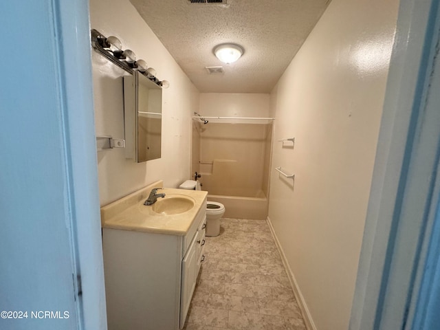 full bathroom with toilet, a textured ceiling, vanity, shower / bathtub combination, and tile floors