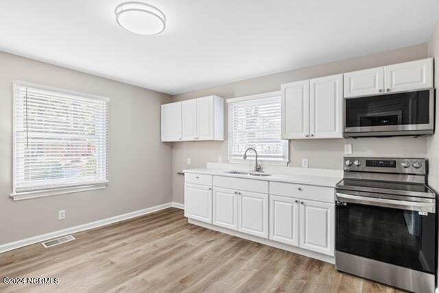 kitchen with a healthy amount of sunlight, light hardwood / wood-style floors, sink, and stainless steel appliances