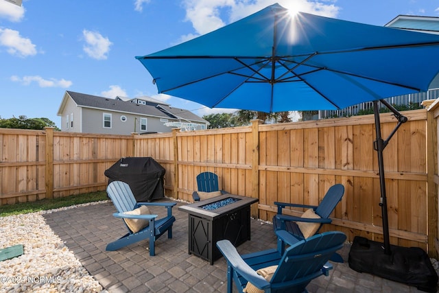 view of patio / terrace featuring a fire pit