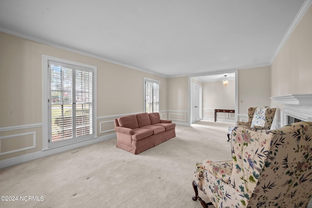 carpeted living room featuring crown molding