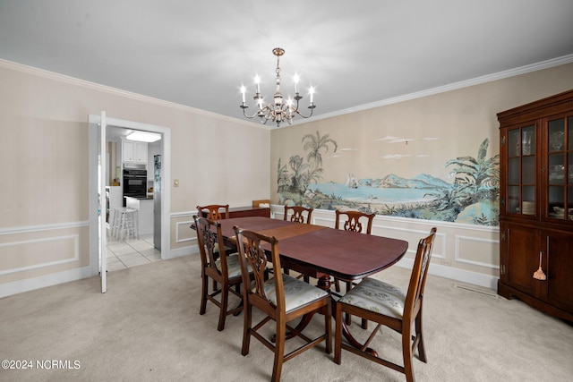 dining area with crown molding, a chandelier, and light tile flooring