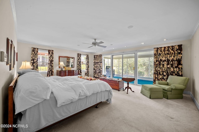 carpeted bedroom featuring ceiling fan, access to exterior, and ornamental molding